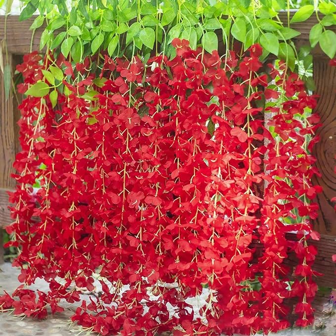 24 Pack Red Wisteria Hanging Flowers Garland, 3.77 Feet Artificial Flower Vines, Fake Wisteria, Artificial Vines Hanging Garland for Backdrop Outdoor Yard Garden Decor