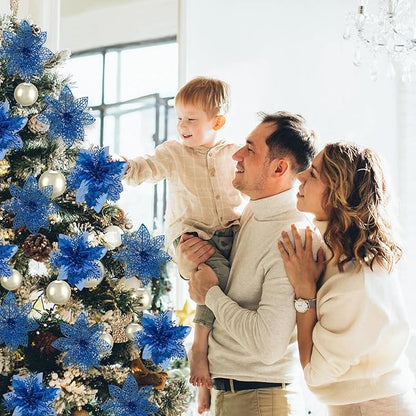 24Pcs Christmas Poinsettia Artificial Flowers and Glitter Berries Kit, 2 Styles Total 16Pcs Christmas Tree Flowers Ornaments, 8Pcs Christmas Tree Picks for Wedding Holiday Decorations, Baby Blue