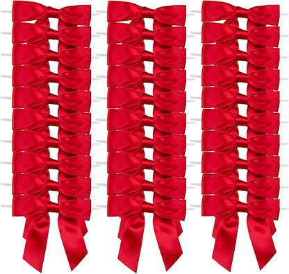 7Rainbows 30pcs Boutique 2.5" Red Satin Ribbon Twist Tie Bows for Tying Up Packages Gift Wrapping