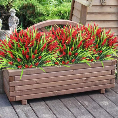 Ouddy Decor 24 Bundles Artificial Flowers for Outdoors, Fake Lavender Flowers Monkey Grass Faux Plastic Plants Shrubs UV Resistant for Porch Garden Window Box Office Home Decorations, Red