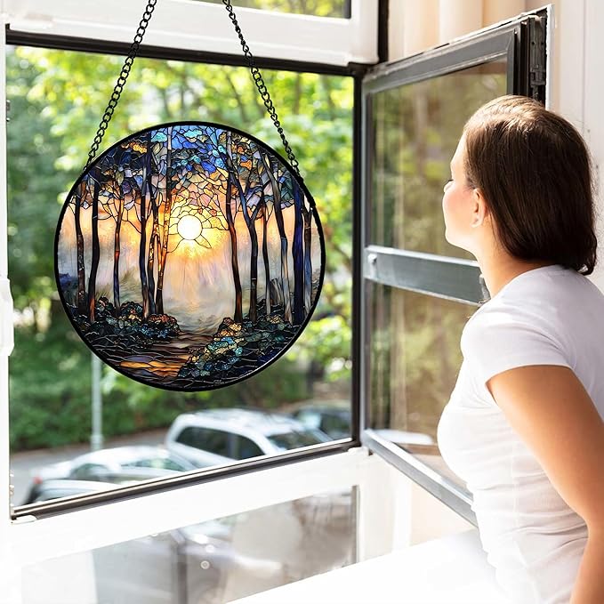 DASTOLL Stained Glass Window Hanging, Forest Sunrise Smoke Blue Brown Tree Suncatcher for Doors Window Home Landscape Sun Catchers Decor Mother's Day Birthday Gifts for Women, Men Mom 11.8 in