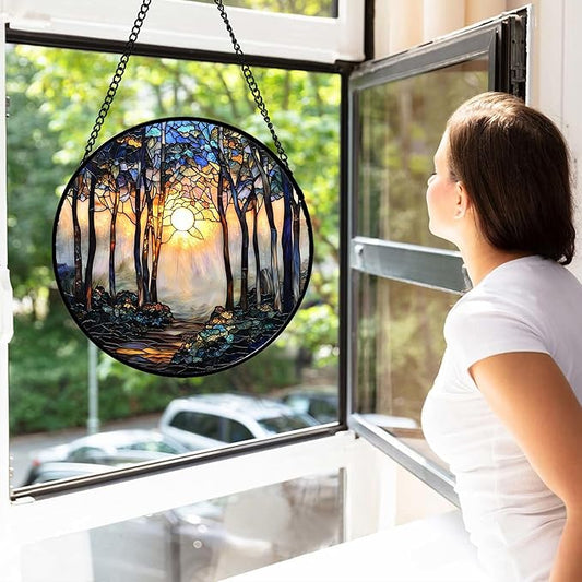 DASTOLL Stained Glass Window Hanging, Forest Sunrise Smoke Blue Brown Tree Suncatcher for Doors Window Home Landscape Sun Catchers Decor Mother's Day Birthday Gifts for Women, Men Mom 11.8 in