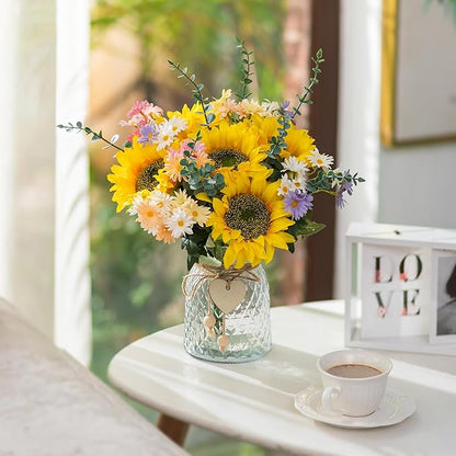 BLOSMON Sunflower Fake Flowers in Vase: Sunflowers Artificial Flowers with Vase for Table Centerpieces Decor - Silk Flower Bouquet Faux Arrangements Kitchen Bathroom Wedding Party Decoration