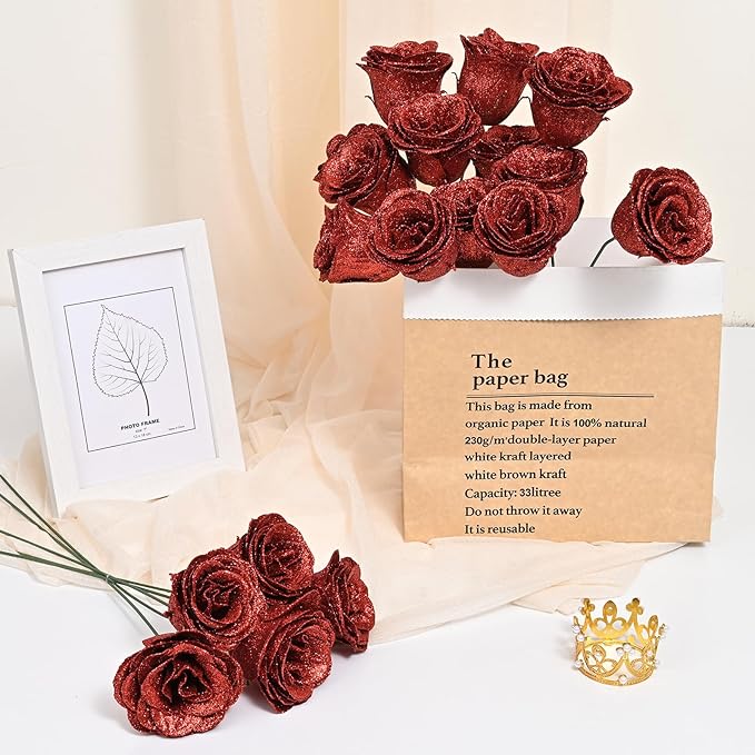 Waipfaru Glitter Roses Bouquet, DIY Fake Flowers Bouquet, Birthday Gifts for Women Mom, 36 Pcs Red Rose for Grandma Wife Girlfriend Valentines, Mothers Day, Anniversary, Graduation