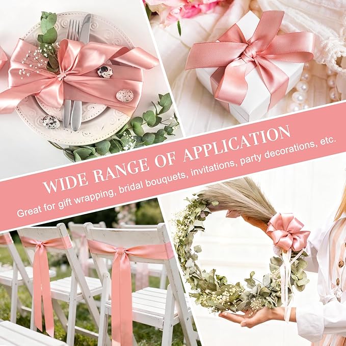 1-1/2 Inches 50 Yards Rose Gold Satin Ribbon, Solid Fabric Ribbon Roll for Flower Bouquets, Gift Wrapping, Wedding, Handmade Crafts