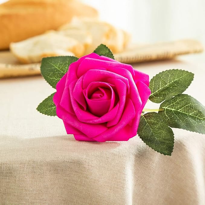 Artificial Flower Foam Hot Pink Rose 50pcs Real Looking Fake Rose with Stems Leaves for Home Decoration Party Garden Centerpieces DIY Wedding Bouquets（Hot Pink）