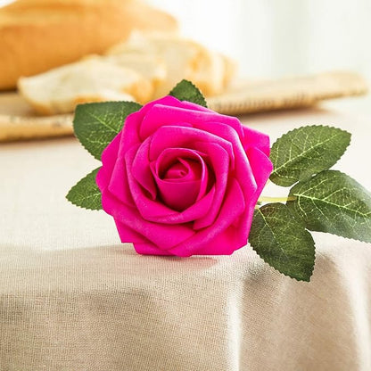 Artificial Flower Foam Hot Pink Rose 50pcs Real Looking Fake Rose with Stems Leaves for Home Decoration Party Garden Centerpieces DIY Wedding Bouquets（Hot Pink）