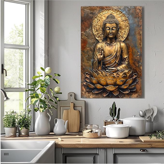 Buddha Wall Art Golden Buddha in Lotus Seat Serene spiritual statue radiant aura Meditation and mindfulness wall art suitable for sacred spaces 28x40in Frameless