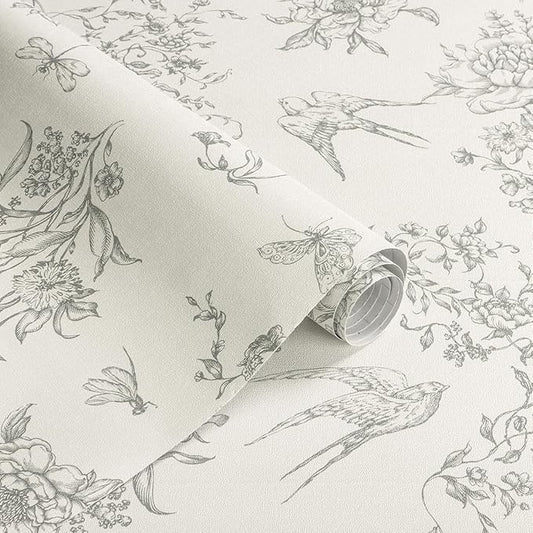 Cream White and Gray Peel and Stick Wallpaper Vintage Floral Contact Paper 16.9"x118.1" Floral Birds Self Adhesive Removable Wallpaper Grey Flowers Decorative Wall Paper for Bathroom Cabinets