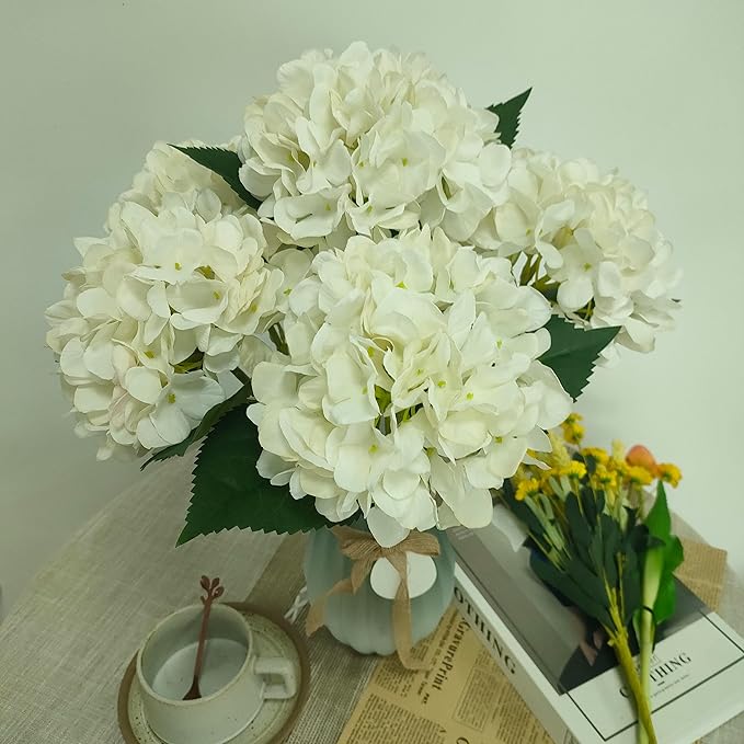 Ivory Hydrangea Artificial Flowers,6 Pcs Faux Hydrangea Flowers,Artificial Hydrangeas Flowers with Stems,Fake Hydrangeas,Silk Hydrangeas Flowers with Stems for Home Decor (6, Ivory)