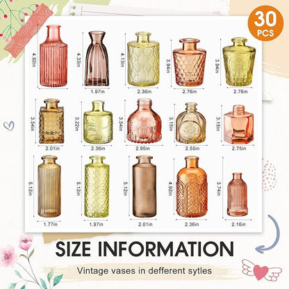 Yaomiao 30 Pcs Vases Bulk Colored Flower Glass Christmas Vases Bud Vintage Colored Glass Bottles Colorful Rustic Embossed for Home Wedding Table Decorations Gifts(Orange Yellow Series)