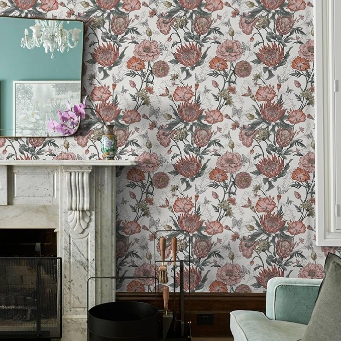 Floral Wallpaper Peel and Stick Floral Contact Paper White and Pink Vintage Wall Paper Removable Self Adhesive Vinyl Stick on Wallpaper for Bathroom Bedroom Decor 17.3in x 118in