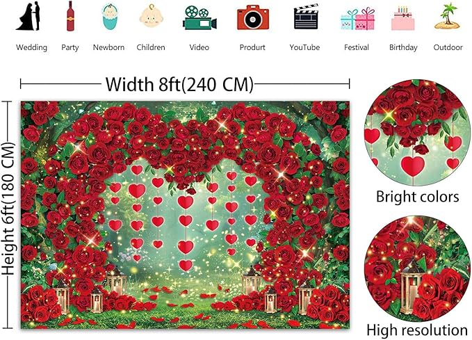 Valentine's Day Backdrop Red Rose Love Heart Garden Photography Background Floral Wedding Bridal Shower Birthday Party Decorations Photo Banner Props (94x70inch(8x6FT))