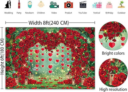 Valentine's Day Backdrop Red Rose Love Heart Garden Photography Background Floral Wedding Bridal Shower Birthday Party Decorations Photo Banner Props (94x70inch(8x6FT))