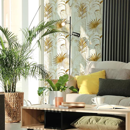 Gold/White Chrysanthemum Floral Peel and Stick Wallpaper - Tropical Palm Leaf Vintage Floral Contact Paper - Removable Wallpaper Vinyl Self Adhesive for Living Room Bedroom Shelf - 118.1"x17.71"
