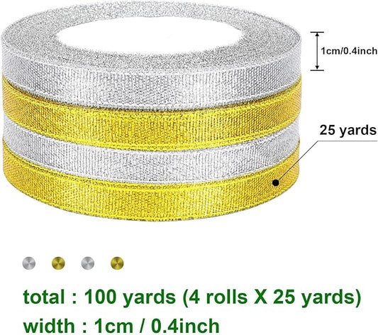 DECYOOL 4 Rolls 100 Yards Christmas Ribbons 10mm Wide Holiday Metallic Glitter Ribbons for Gift Wrapping and DIY Craft, Gold & Silver