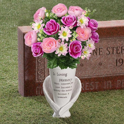 Hollyone Set of 2 Artificial Cemetery Flowers for Grave Memorial Flowers for Cemetery Outdoor Grave Decorations Silk Flower Arrangements Purple Rose Pink Ranunculus Gerbera Floral Flowers Bouquets