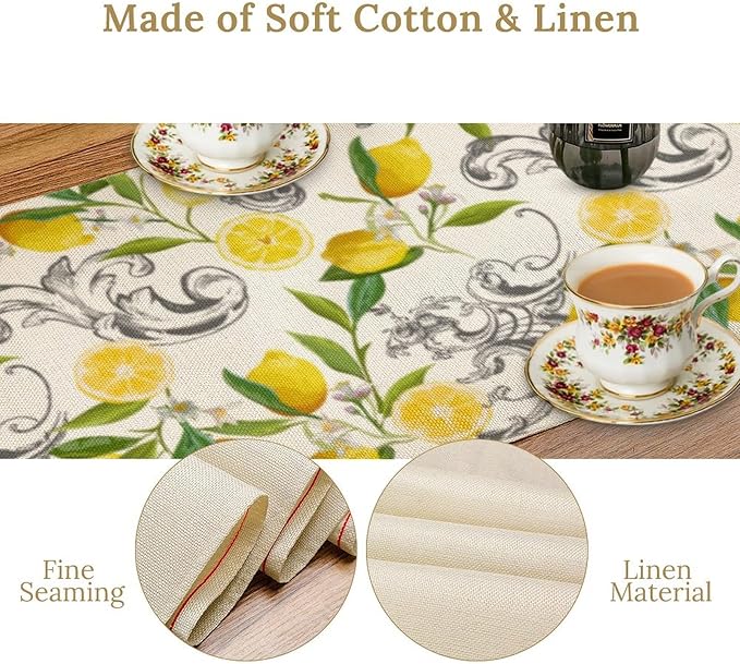 Lemon Table Runner , Summer Yellow Fruits Green Leaves Kitchen Dinning Table Decoration for Indoor Outdoor Home Party Decor 13"x120"