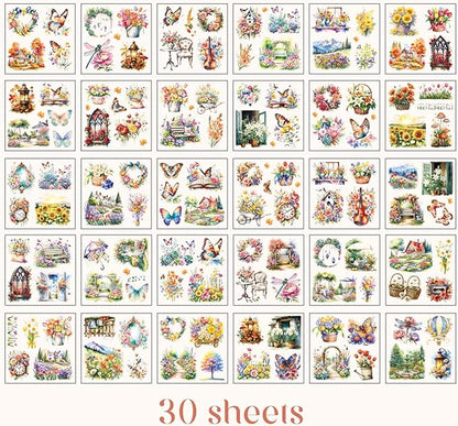 Floral Stickers Set,30 Sheets Orange Waterproof PET Clear Flower Stickers for Scrapbooking Journaling Bullet Journal Junk Journal Supplies