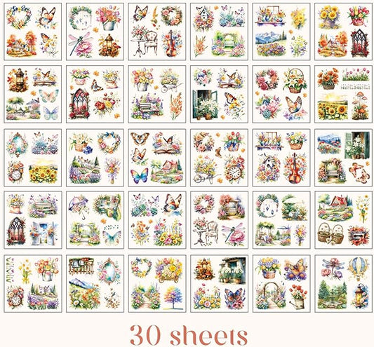 Floral Stickers Set,30 Sheets Orange Waterproof PET Clear Flower Stickers for Scrapbooking Journaling Bullet Journal Junk Journal Supplies