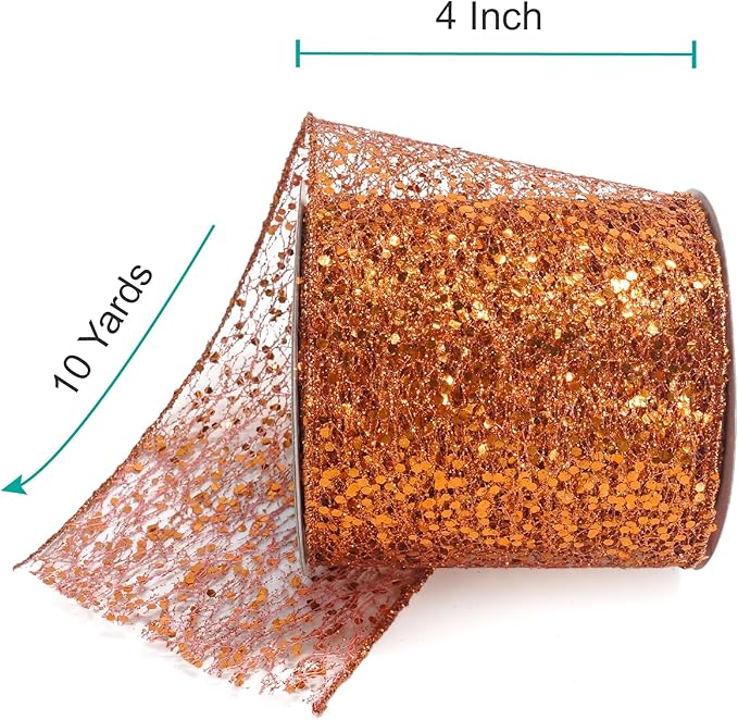 CT CRAFT LLC Sparkling Glitter Mesh Wired Ribbon 4" x 10 Yards Bronze Orange for Christmas Home Decor Bow Gift Wrapping DIY Crafts Wreath