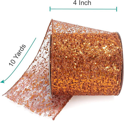 CT CRAFT LLC Sparkling Glitter Mesh Wired Ribbon 4" x 10 Yards Bronze Orange for Christmas Home Decor Bow Gift Wrapping DIY Crafts Wreath