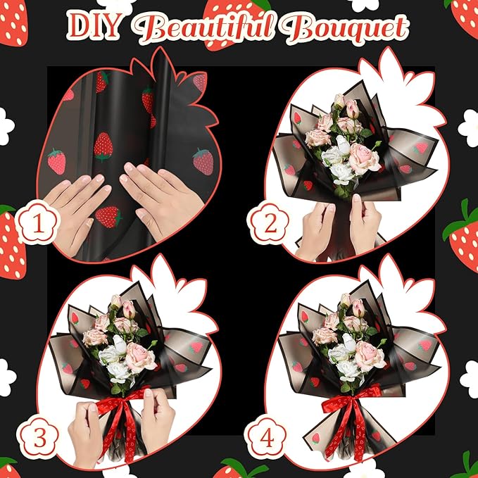 Liobelon 20 Sheets Flower Wrapping Paper Waterproof Bouquet Paper with Strawberry Pattern Black Gift Wrapping Paper for Flower Shop, Wedding, Birthday Party, Handmade DIY, Anniversary 22.8 x 22.8Inch