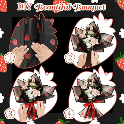 Liobelon 20 Sheets Flower Wrapping Paper Waterproof Bouquet Paper with Strawberry Pattern Black Gift Wrapping Paper for Flower Shop, Wedding, Birthday Party, Handmade DIY, Anniversary 22.8 x 22.8Inch