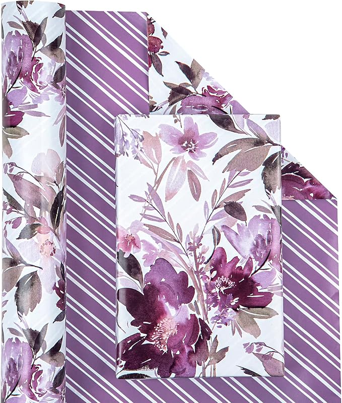 WRAPAHOLIC 30 Inch Reversible Floral Wrapping Paper - 30 Inch X 33 Feet - Purple Flower Wrapping Paper for Wedding, Birthday, Mothers Day, Baby Shower, Anniversary, Bridal Shower
