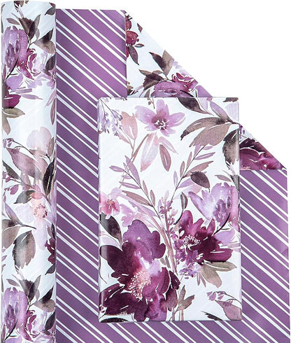 WRAPAHOLIC 30 Inch Reversible Floral Wrapping Paper - 30 Inch X 33 Feet - Purple Flower Wrapping Paper for Wedding, Birthday, Mothers Day, Baby Shower, Anniversary, Bridal Shower