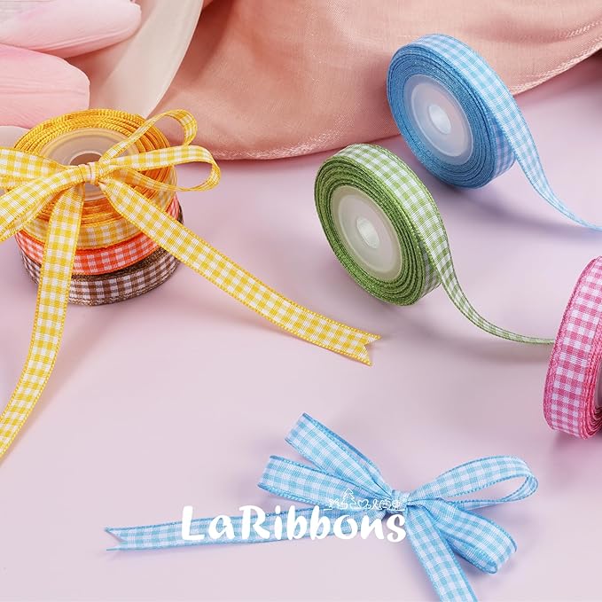 LaRibbons 10 Color 100 Yards Gingham Ribbon Variety Pack, 3/8" X 10 Yards/Roll Assorted Spring Easter Plaid Ribbon for Crafts, Gift Wrapping, Hair Bows, Birthday, Babyshower Decoration