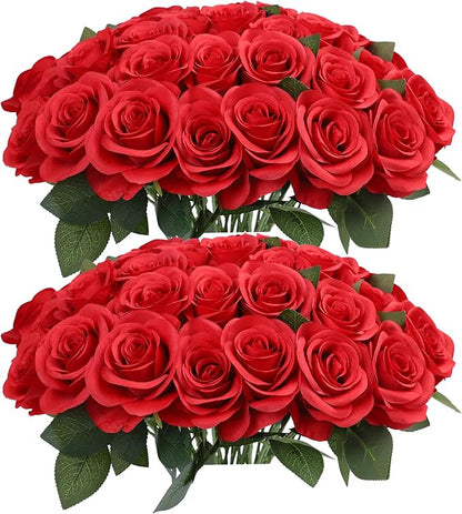 Artificial Rose Flower Artificial Flowers Flower with Long Stem Silk Roses Bouquet for Wedding Bridal Shower Party Home Decoration (Red, 50 Pcs)