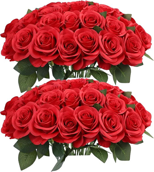 Artificial Rose Flower Artificial Flowers Flower with Long Stem Silk Roses Bouquet for Wedding Bridal Shower Party Home Decoration (Red, 50 Pcs)