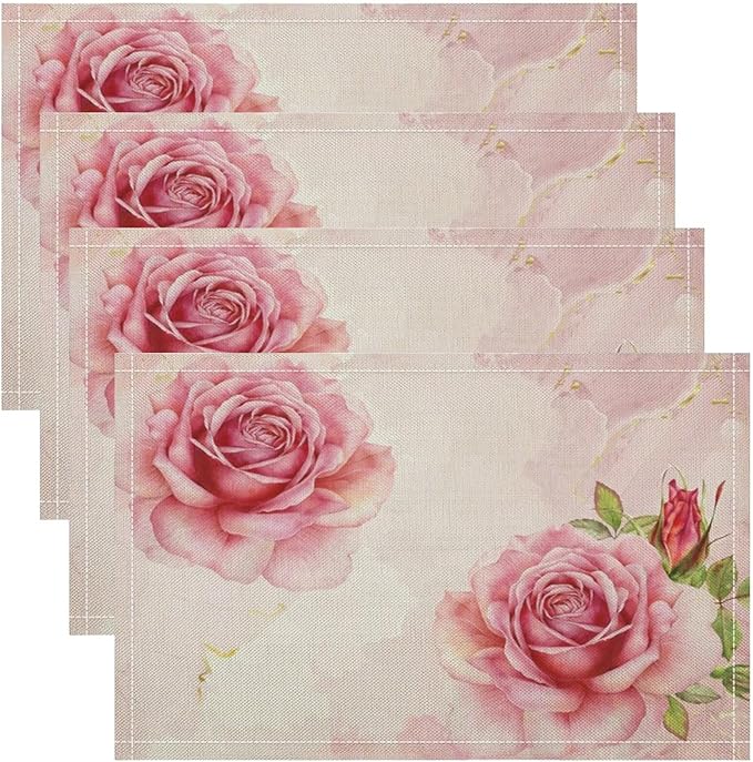 Pink Flower Placemats Set of 4, 17x12 Inch Romantic Watercolor Floral Rose Print Table Mats for Home Party Kitchen Dining Decor