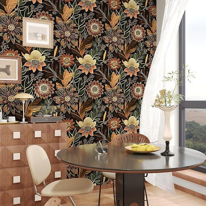 Boho Wallpaper Peel and Stick Dark Floral Wallpaper for Cabinet Vintage Contact Paper Waterproof Self Adhesive Removable Modern Wall Paper for Bedroom Stair Bathroom 17.5in x393in