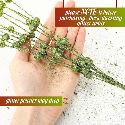 Geosar 30 Pcs Christmas Artificial Glitter Berry Stem Decorations 17 Inch Faux Stick Floral Pick Centerpiece Bouquet Flower Bead Twigs for Centerpiece Tree Wreath Xmas Ornaments Home(Green and Red)