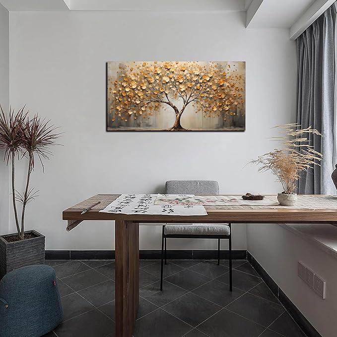 Tree Art Pictures for Wall in Living Room - Gold Yellow Canvas Wall Art for Bedroom - Abstract Art Wall Decor for Office Size 20" x 40"