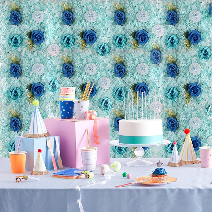 3D Flower Wall Backdrop - 12Pcs Artificial Flower Wall Panel 15 * 15inch Decoration Blue Roses Wall for Home Party Wedding Anniversary Birthday