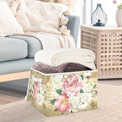 Flower Baskets Collapsible Storage Bins with Lids, Vintage Rose Floral Storage Boxes Clothes Baskets for Organizing