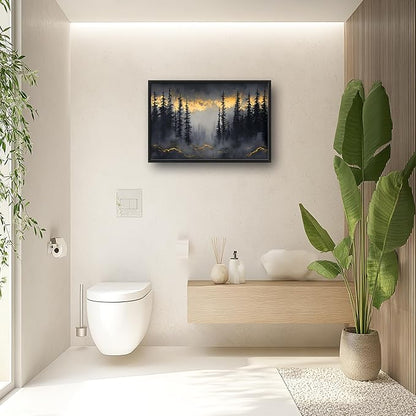 Misty Forests Large Decor Framed Wall Art Gold and Black Pictures for Living Room, Foggy Forest Landscape Oversized Canvas Print Painting Modern Extra Large Framed Artwork for Bedroom Office 36"x24"