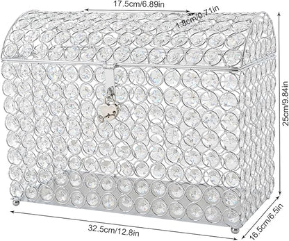 Crystal Wedding Card Box With Heart Lock Silver Treasure Chest Money Card Box Gift Decorative Memory Box for Wedding Birthday Graduation Party Decoration