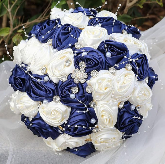 Bridal Wedding Bouquet Round Bling Brooch Bouquet Throw Toss Artificial Rose Flower Bunch for Bride Bridesmaid Wedding Quinceanera(Navy Blue & Ivory, 6.3")