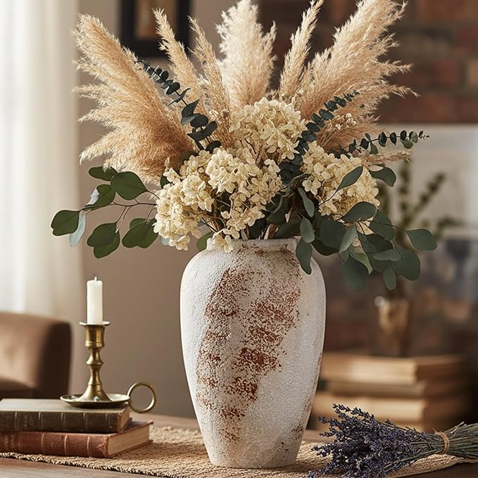 Vintage Ceramic Vase, Minimalist Texture Stone Patterned White Flower Vase, Decorative Vase for Living Room Shelf Farmhouse Dining Table Centerpiece Decor (Rustic 11.8'')