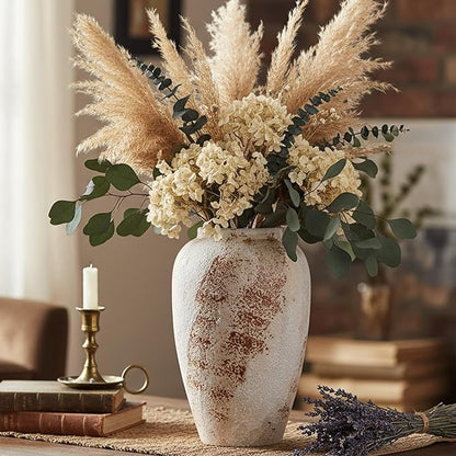 Vintage Ceramic Vase, Minimalist Texture Stone Patterned White Flower Vase, Decorative Vase for Living Room Shelf Farmhouse Dining Table Centerpiece Decor (Rustic 11.8'')