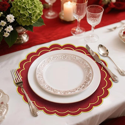 Set of 6 Christmas Round Placemats, 15 Inch Red Gold Christmas Cotton Linen Placemats with Scalloped Embroidery Edge Double Layered Washable Wrinkle Free Cloth Table Mats for Xmas Table Decor