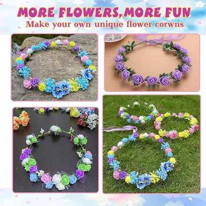 WUBOMJIO Flower Crowns Craft Kit, Make Your Own 12 PCs Floral Crowns Garland Handmade Arts and Crafts for Kids, DIY Fairy Flower Headbands and Bracelets,Hair Accessories for Girls/Teens/Women