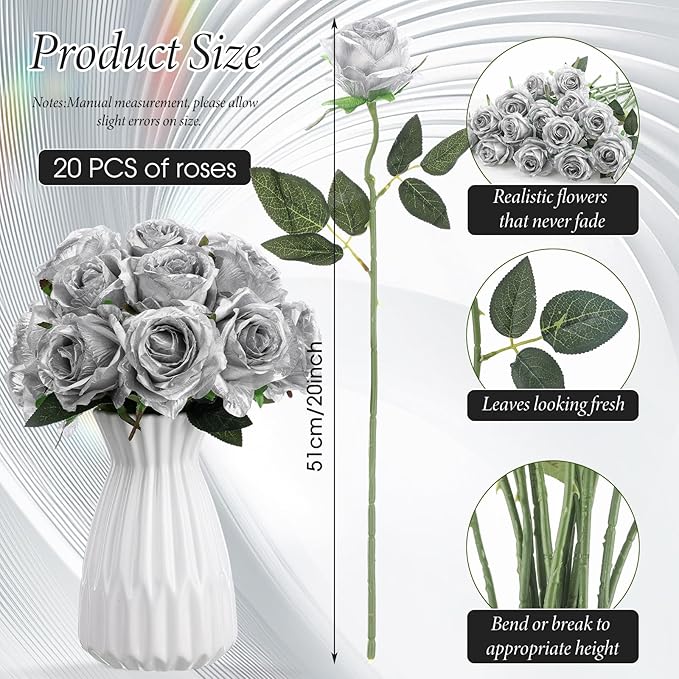 Hotop 20 Pcs Artificial Rose Flowers with Long Stem,Real Touch Silk Realistic Plastic Bouquet Roses Bulk for Home Decor Bridal Wedding Party Table Centerpieces Decorations (Silver)