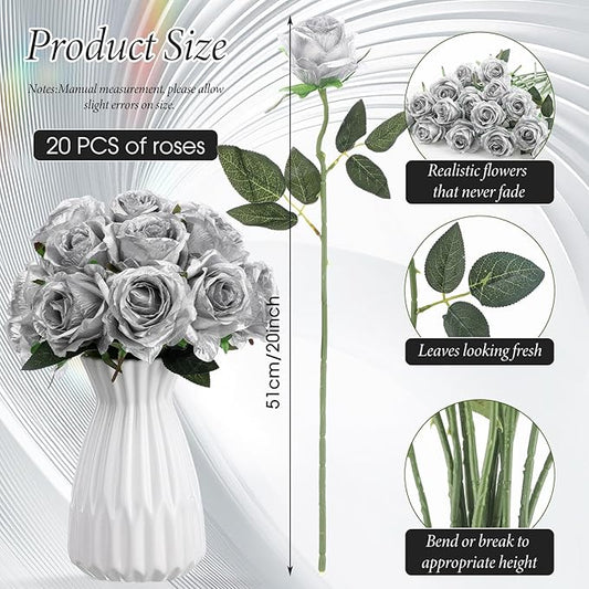 Hotop 20 Pcs Artificial Rose Flowers with Long Stem,Real Touch Silk Realistic Plastic Bouquet Roses Bulk for Home Decor Bridal Wedding Party Table Centerpieces Decorations (Silver)