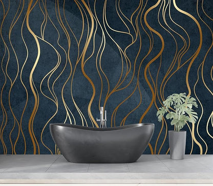 Eierme-Abstract Luxury Golden Wallpaper Wavy line Art Background Dynamic Ribbons 160" x 114"