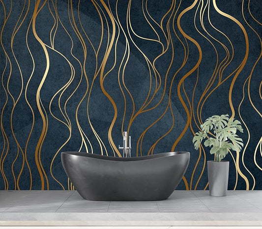Eierme-Abstract Luxury Golden Wallpaper Wavy line Art Background Dynamic Ribbons 90" x 67"